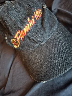 Flamin' Hot Embroidered Black Distressed Denim Cap